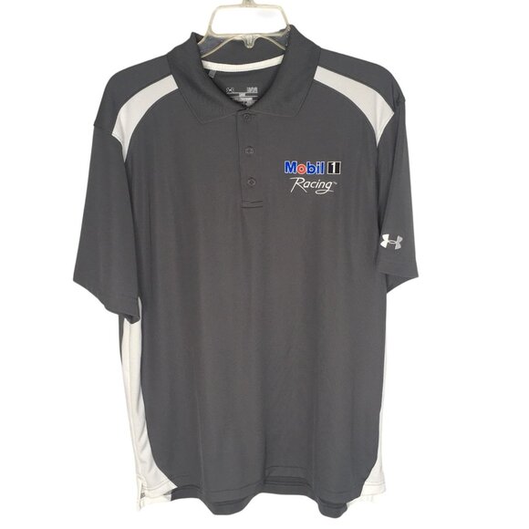 Under Armour Polo Shirt Mens Large Gray White HeatGear Mobil 1 Racing Golf - Picture 1 of 16